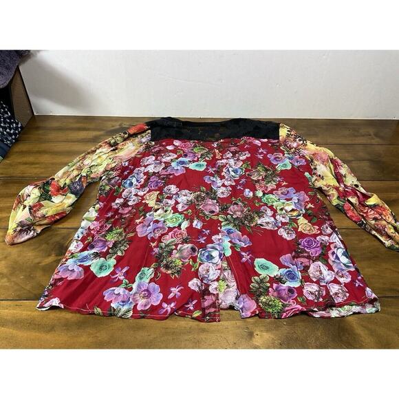 Calessa Top Womens XL Multi Floral Print Mesh Inset Roll Tab Button Shirt - Picture 10 of 12